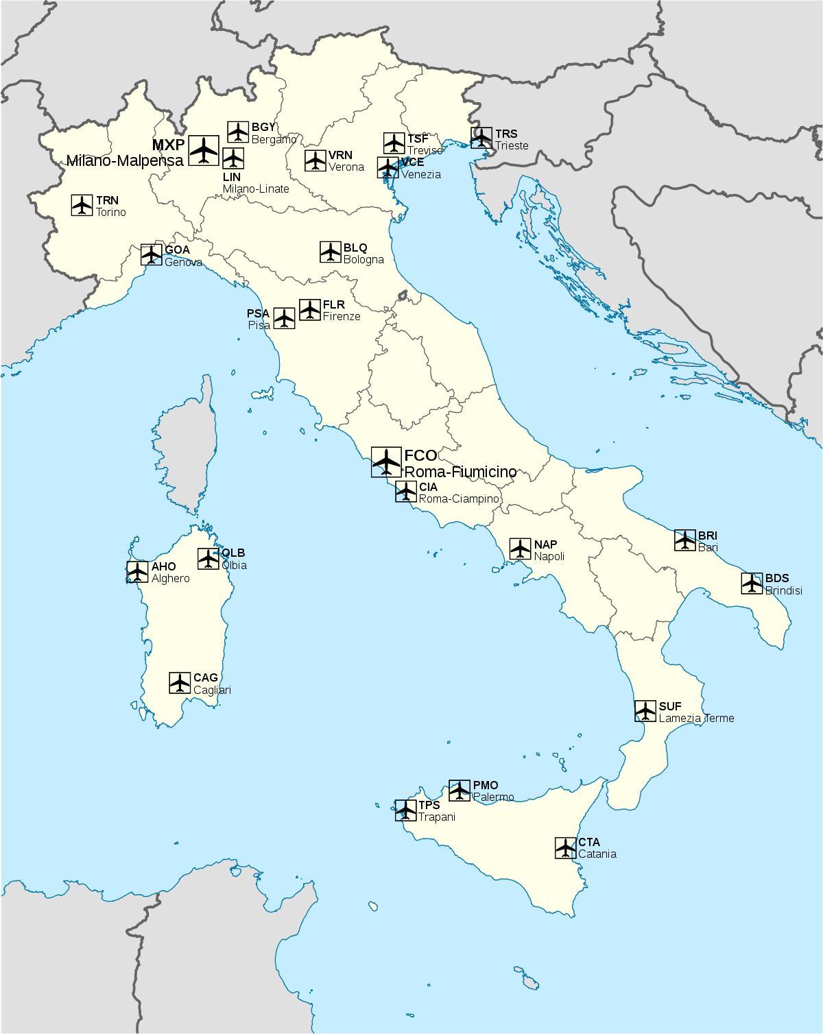 Mapa de los aeropuertos de Italia